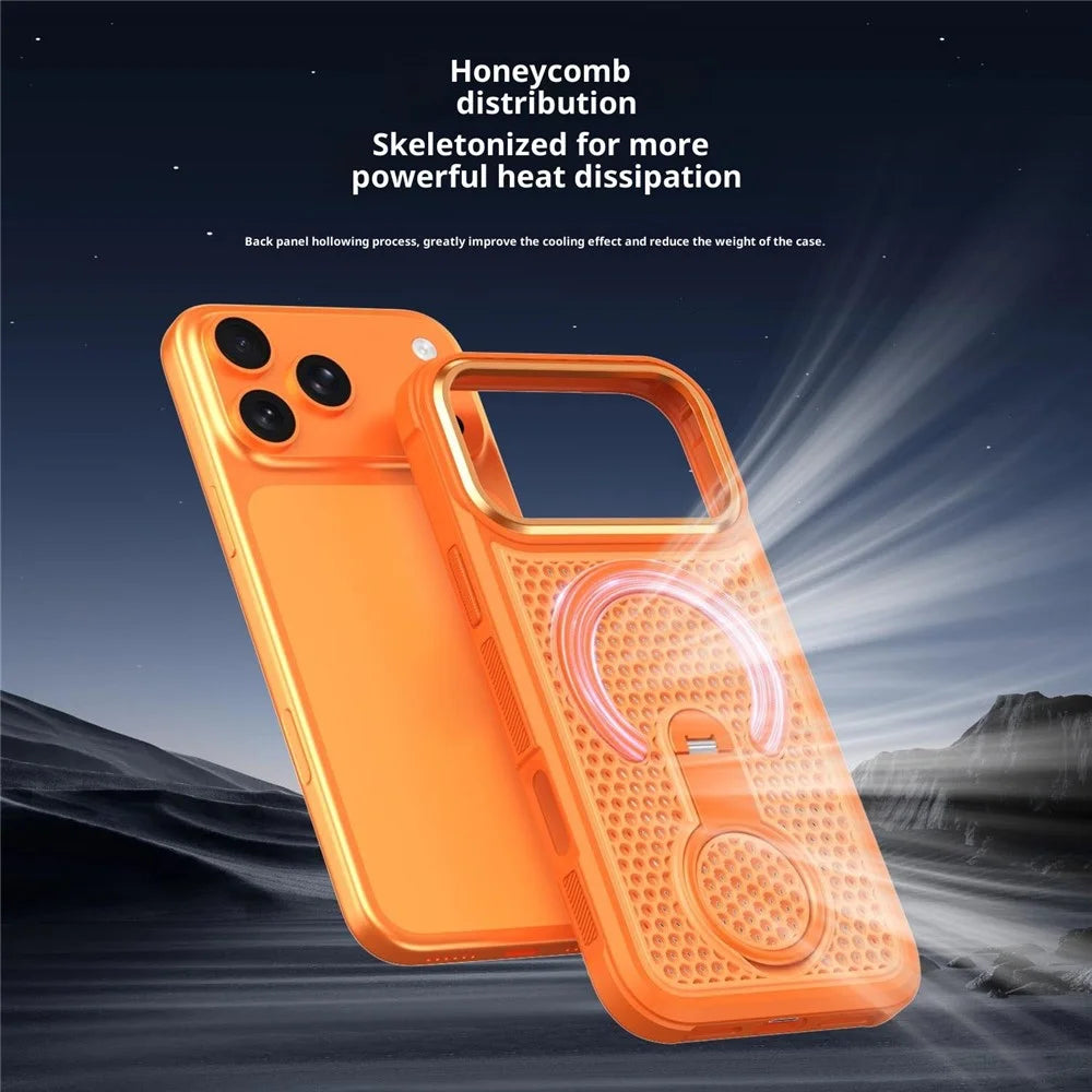 For iPhone 17 Pro Magnetic Case with 360° Rotating Ring Kickstand Heat Dissipation Honeycomb PC TPU Cover Compatible with Magsafe - Orange - 3