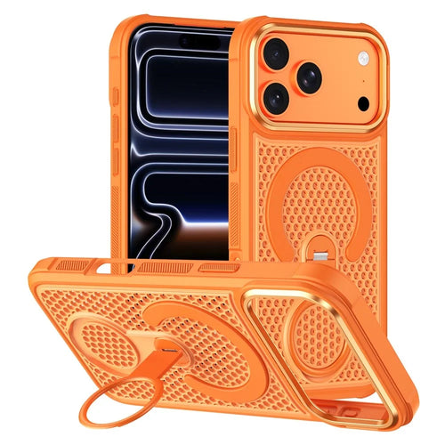 For iPhone 17 Pro Max Magnetic Case with 360° Rotating Ring Kickstand Heat Dissipation Honeycomb PC TPU Cover Compatible with Magsafe - Orange - 1