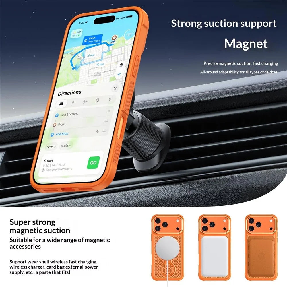 For iPhone 17 Pro Max Magnetic Case with 360° Rotating Ring Kickstand Heat Dissipation Honeycomb PC TPU Cover Compatible with Magsafe - Orange - 5