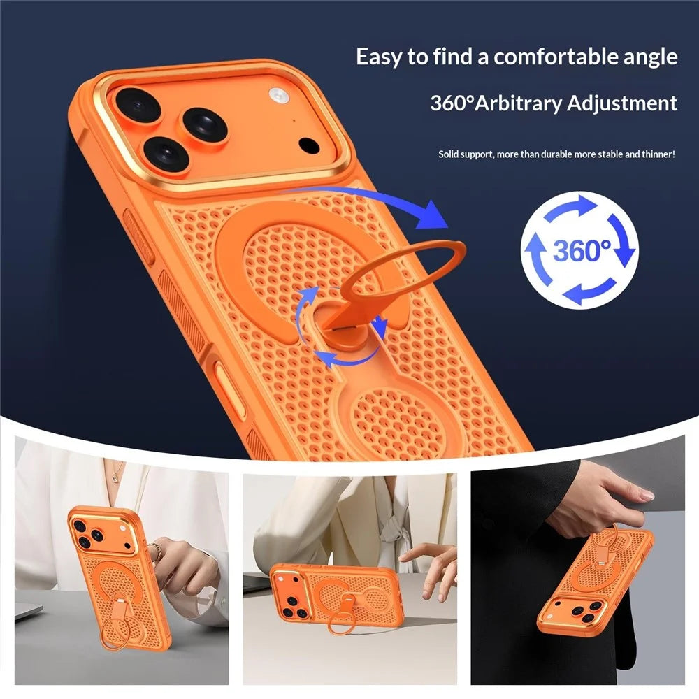 For iPhone 17 Pro Max Magnetic Case with 360° Rotating Ring Kickstand Heat Dissipation Honeycomb PC TPU Cover Compatible with Magsafe - Orange - 6