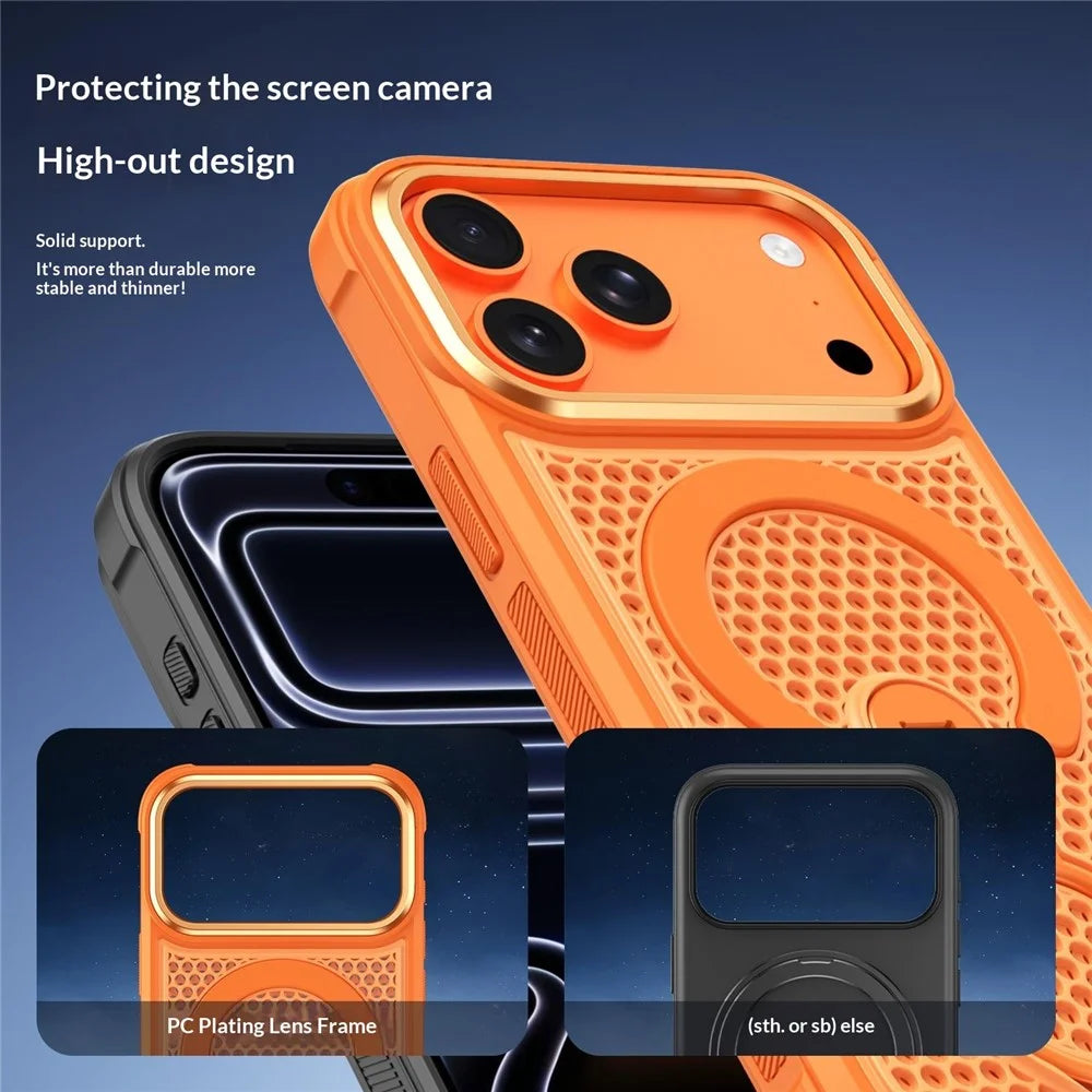 For iPhone 17 Pro Max Magnetic Case with 360° Rotating Ring Kickstand Heat Dissipation Honeycomb PC TPU Cover Compatible with Magsafe - Orange - 7