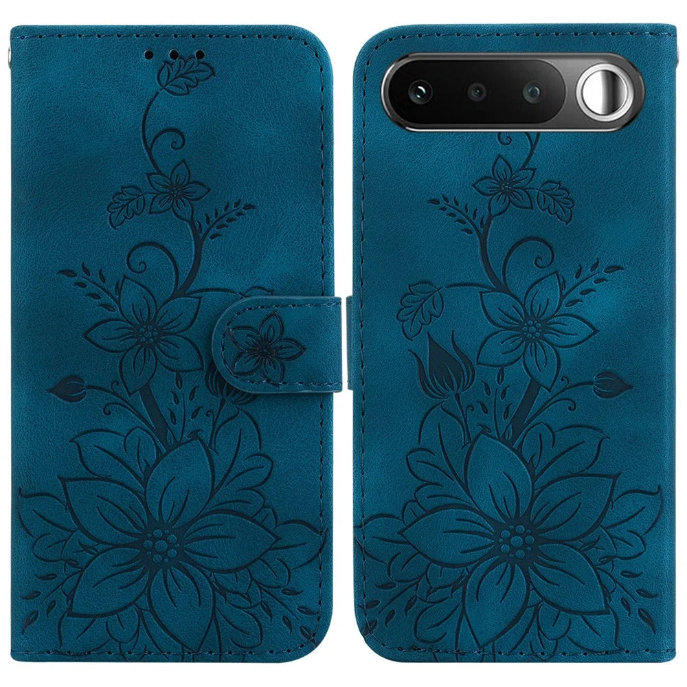 For Realme 16 5G Stand Case Lily Flower Imprint Leather Phone Cover with Wrist Strap - Dark Blue - 1