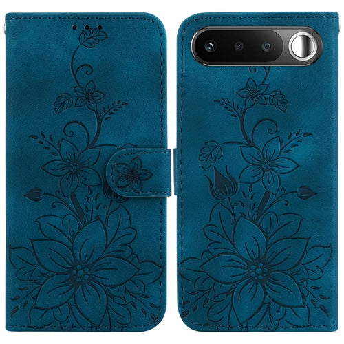 For Realme 16 5G Stand Case Lily Flower Imprint Leather Phone Cover with Wrist Strap - Dark Blue - 1