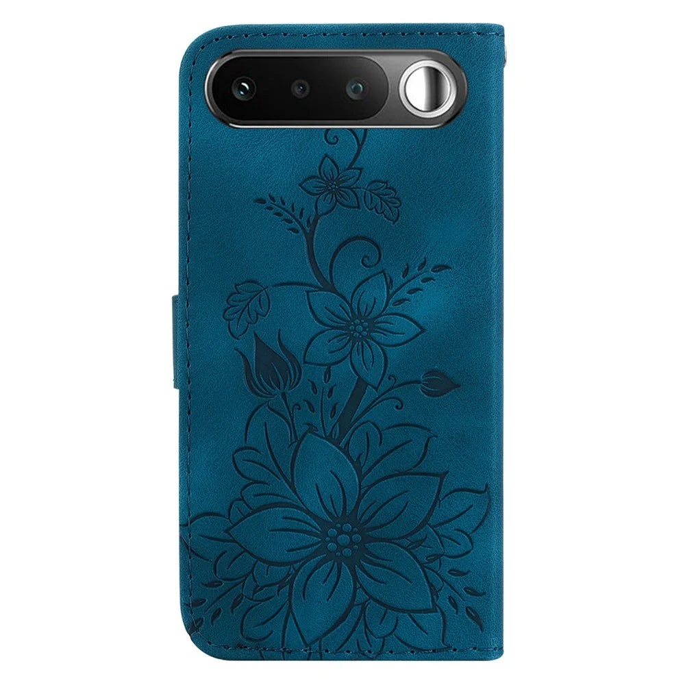 For Realme 16 5G Stand Case Lily Flower Imprint Leather Phone Cover with Wrist Strap - Dark Blue - 7