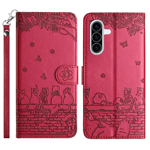 For Samsung Galaxy A27 5G Case with Wrist Strap Leather Phone Cover Wall Cats Pattern - Red - 1