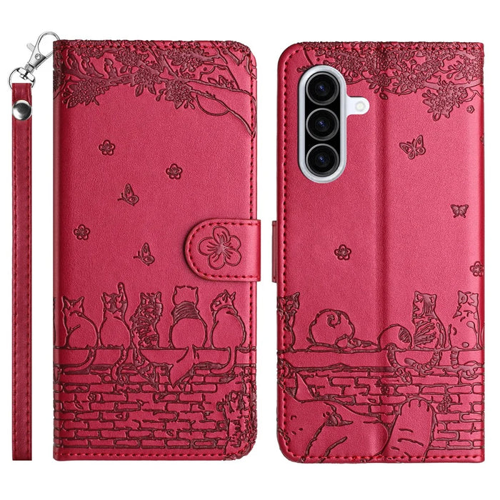For Samsung Galaxy A27 5G Case with Wrist Strap Leather Phone Cover Wall Cats Pattern - Red - 1
