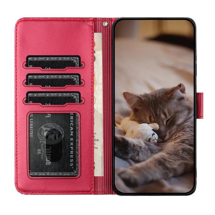 For Samsung Galaxy A27 5G Case with Wrist Strap Leather Phone Cover Wall Cats Pattern - Red - 3