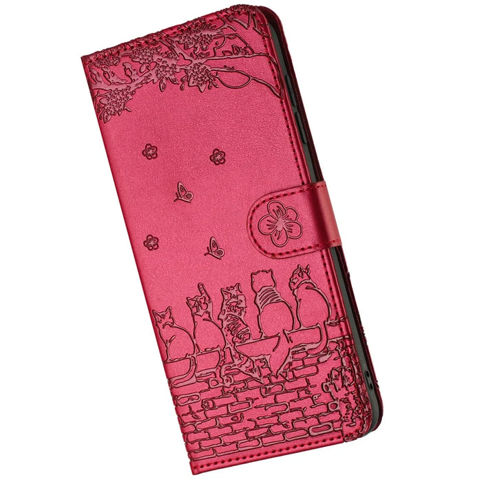 For Samsung Galaxy A27 5G Case with Wrist Strap Leather Phone Cover Wall Cats Pattern - Red - 5