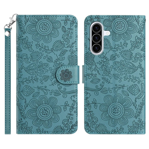 For Samsung Galaxy A27 5G Case Flower Imprint Leather Flip Wallet Phone Cover with Wrist Strap - Blackish Green - 1