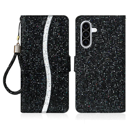 For Samsung Galaxy A27 5G Case PU Leather Wallet Card Slots Glitter Phone Cover - Black - 1