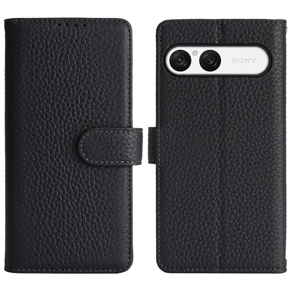For Sony Xperia 10 VII Stand Case Litchi Texture Genuine Cow Leather Wallet Phone Cover RFID Blocking - Black - 1