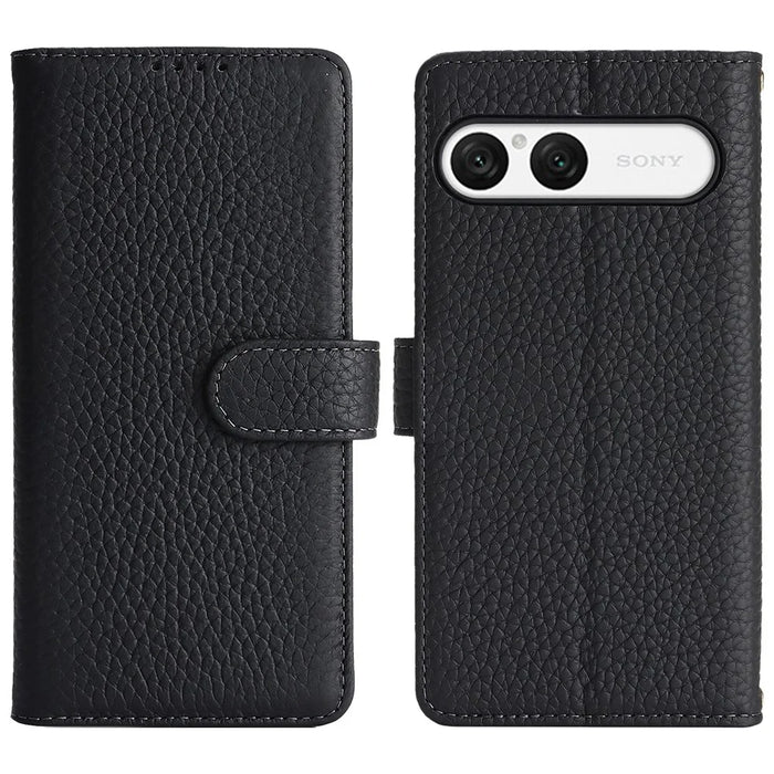 For Sony Xperia 10 VII Stand Case Litchi Texture Genuine Cow Leather Wallet Phone Cover RFID Blocking - Black - 1