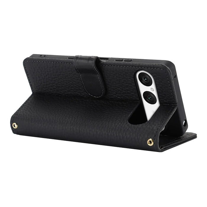 For Sony Xperia 10 VII Stand Case Litchi Texture Genuine Cow Leather Wallet Phone Cover RFID Blocking - Black - 4