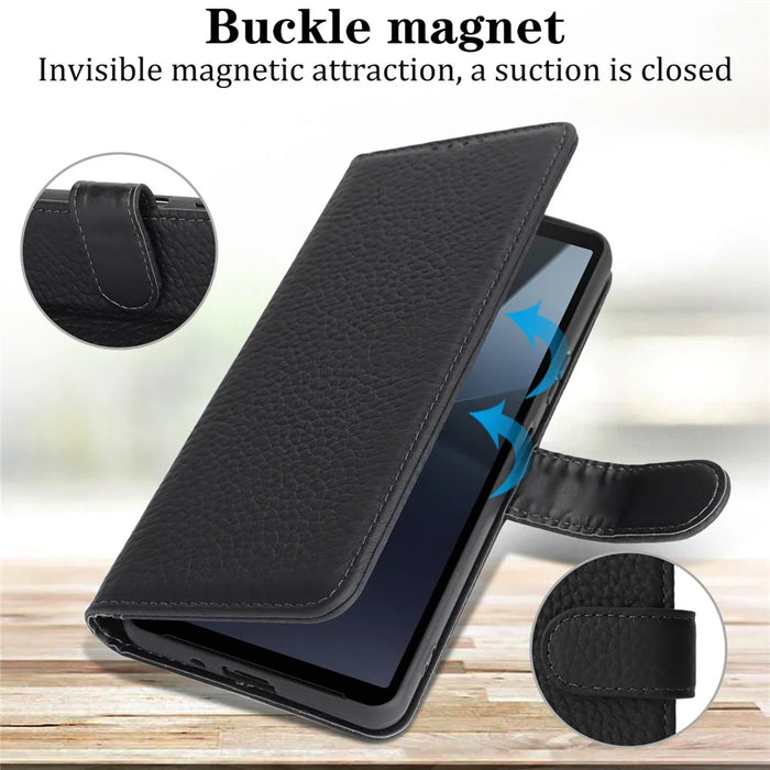 For Sony Xperia 10 VII Stand Case Litchi Texture Genuine Cow Leather Wallet Phone Cover RFID Blocking - Black - 5