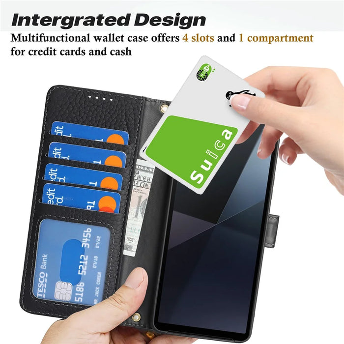 For Sony Xperia 10 VII Stand Case Litchi Texture Genuine Cow Leather Wallet Phone Cover RFID Blocking - Black - 7