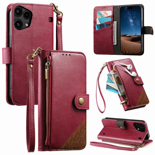 For Nothing Phone (3a) Lite 5G Case Color Splicing TPU PU Leather Flip Shockproof Phone Cover with Wrist Strap - Red - 1