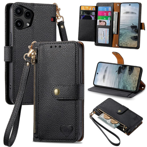 For Nothing Phone (3a) Lite 5G Case RFID Blocking Zipper Pocket Leather Wallet Phone Cover with Strap - Black - 1