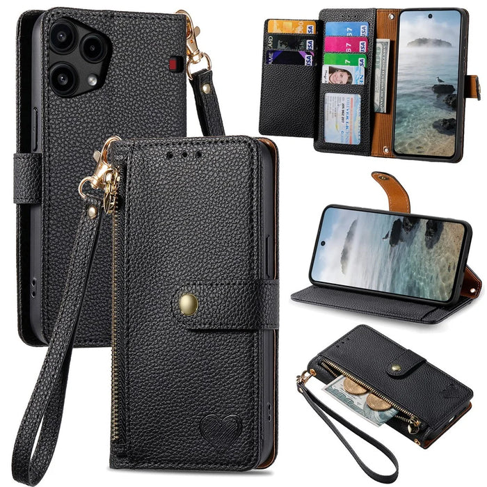 For Nothing Phone (3a) Lite 5G Case RFID Blocking Zipper Pocket Leather Wallet Phone Cover with Strap - Black - 1