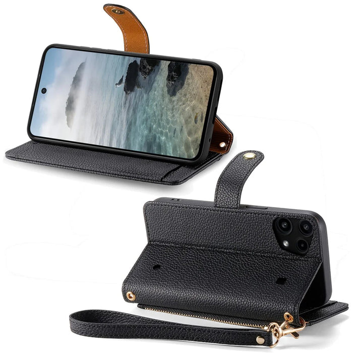 For Nothing Phone (3a) Lite 5G Case RFID Blocking Zipper Pocket Leather Wallet Phone Cover with Strap - Black - 3