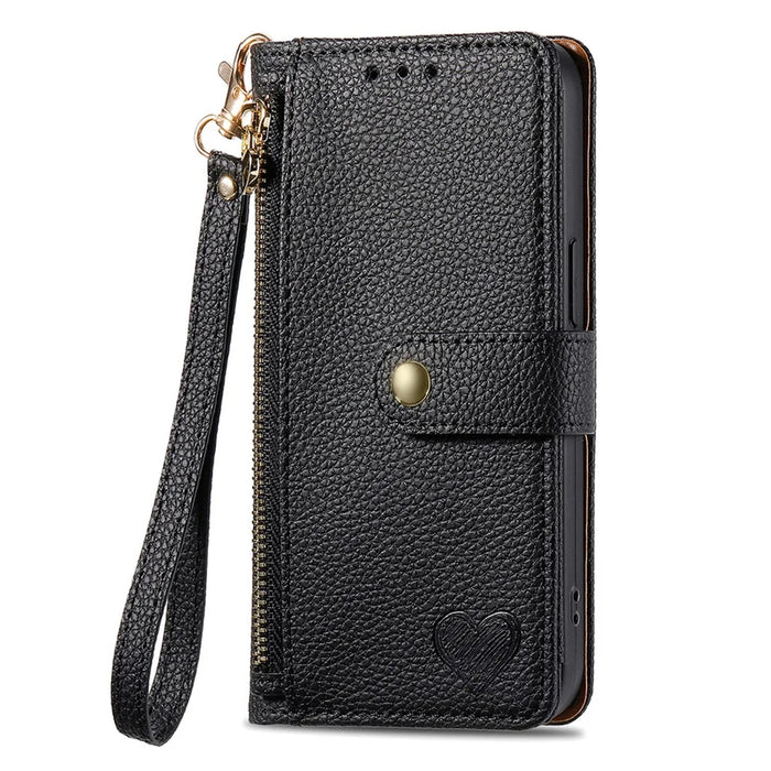For Nothing Phone (3a) Lite 5G Case RFID Blocking Zipper Pocket Leather Wallet Phone Cover with Strap - Black - 6