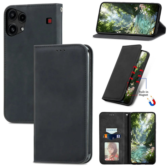 For Nothing Phone (3a) Lite 5G Leather Case with Card Holder Magnetic Absorption Phone Cover - Black - 5