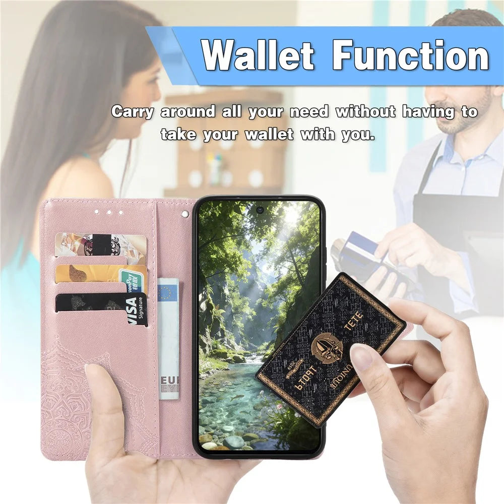 For Nothing Phone (3a) Lite 5G Wallet Case Mandala Flower Leather Phone Cover Stand - Rose Gold - 6