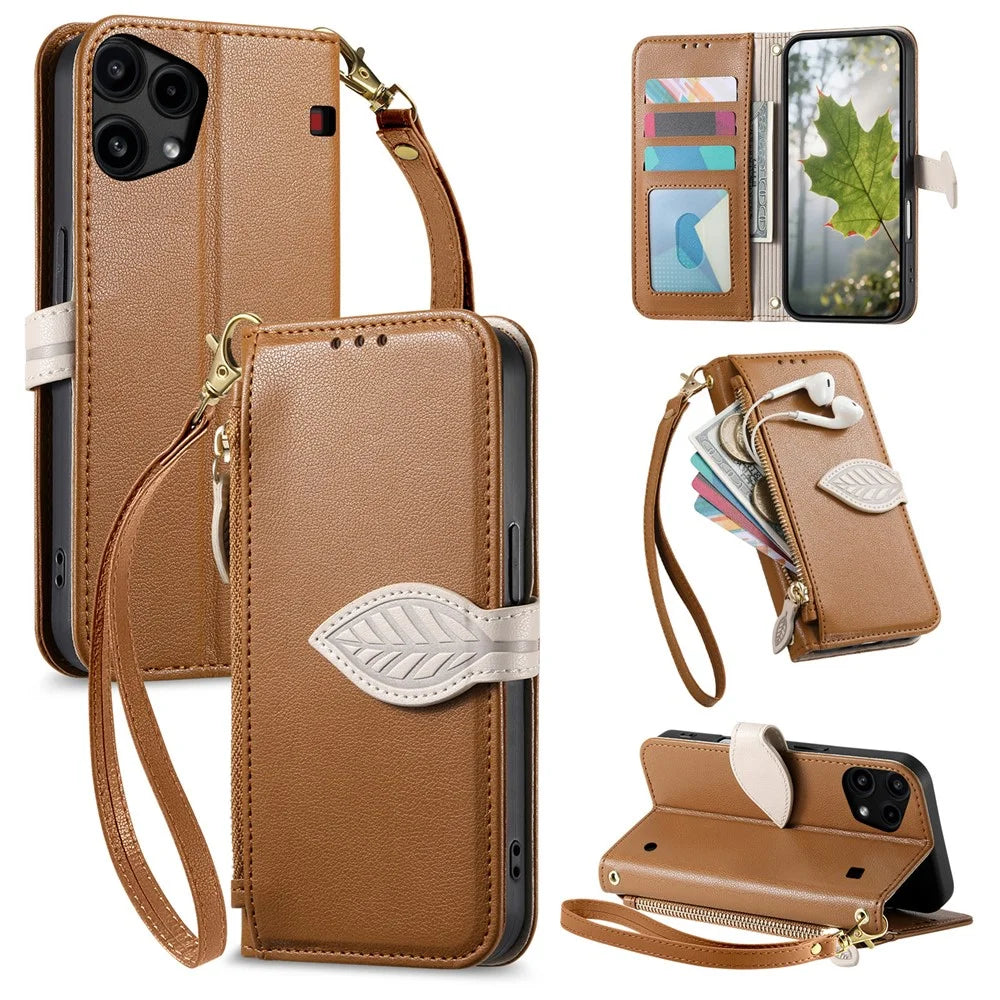 For Nothing Phone (3a) Lite 5G Stand Case Leaf Shape Magnetic Clasp Leather Phone Cover with Hand Strap - Brown - 1