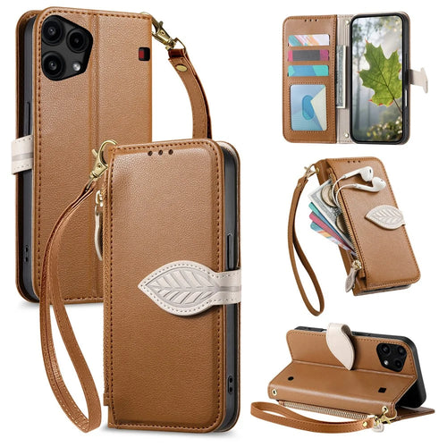 For Nothing Phone (3a) Lite 5G Stand Case Leaf Shape Magnetic Clasp Leather Phone Cover with Hand Strap - Brown - 1