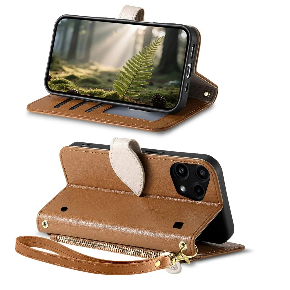 For Nothing Phone (3a) Lite 5G Stand Case Leaf Shape Magnetic Clasp Leather Phone Cover with Hand Strap - Brown - 3