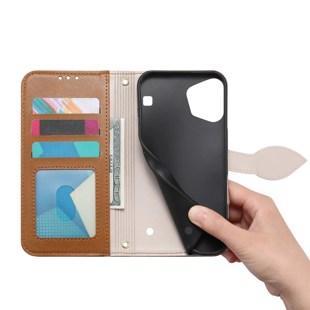 For Nothing Phone (3a) Lite 5G Stand Case Leaf Shape Magnetic Clasp Leather Phone Cover with Hand Strap - Brown - 4