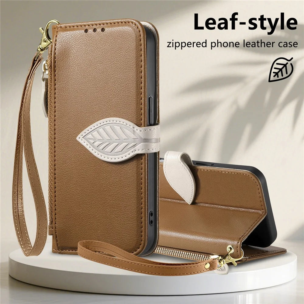 For Nothing Phone (3a) Lite 5G Stand Case Leaf Shape Magnetic Clasp Leather Phone Cover with Hand Strap - Brown - 6