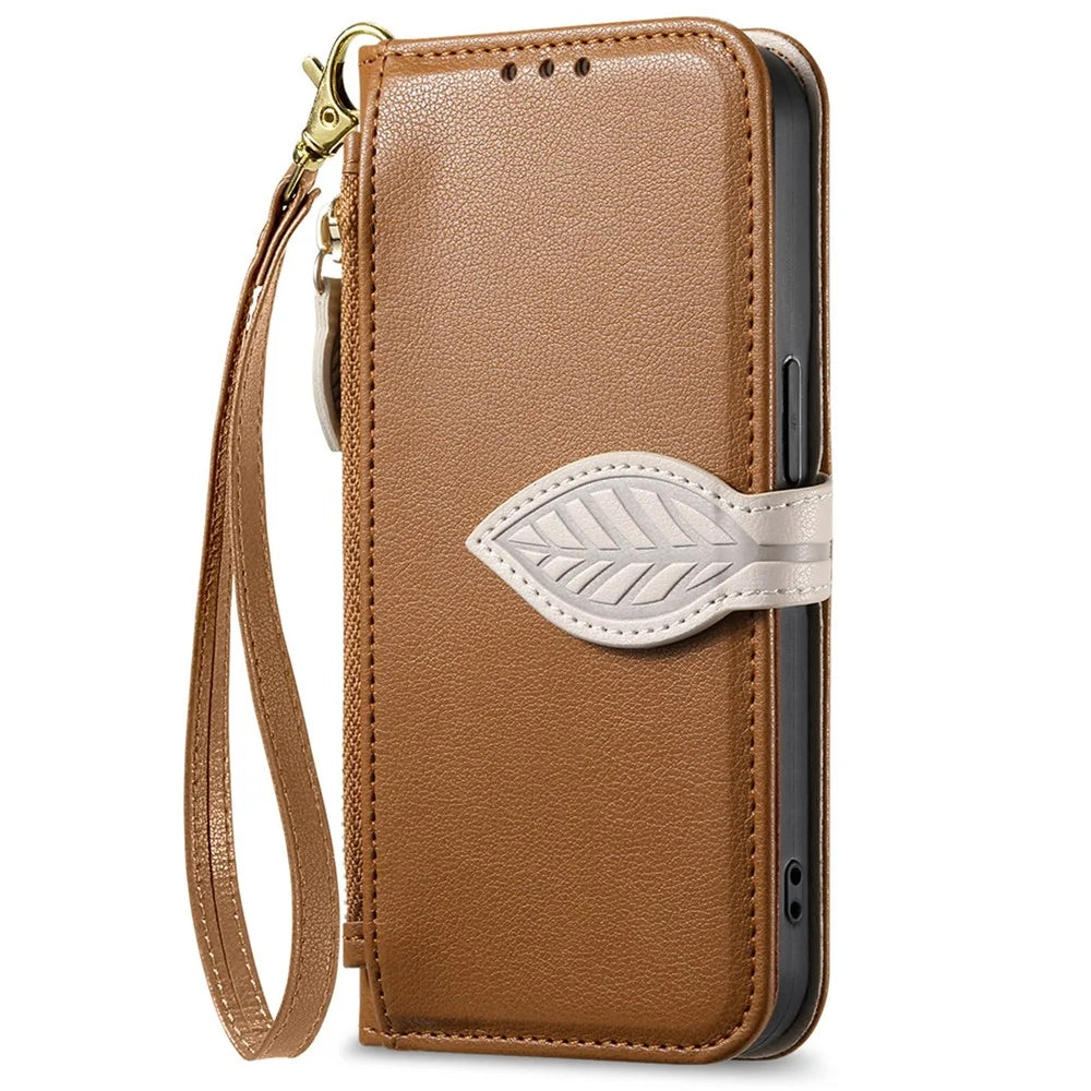 For Nothing Phone (3a) Lite 5G Stand Case Leaf Shape Magnetic Clasp Leather Phone Cover with Hand Strap - Brown - 7