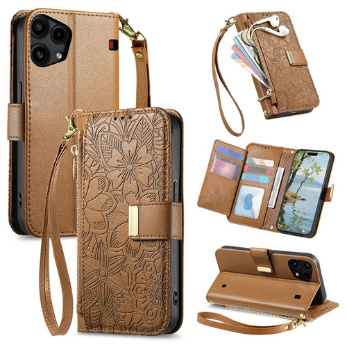For Nothing Phone (3a) Lite 5G Case Floral Leaf Pattern Multi Card Slots Zipper Leather Phone Cover with Wrist Strap - Brown - 1