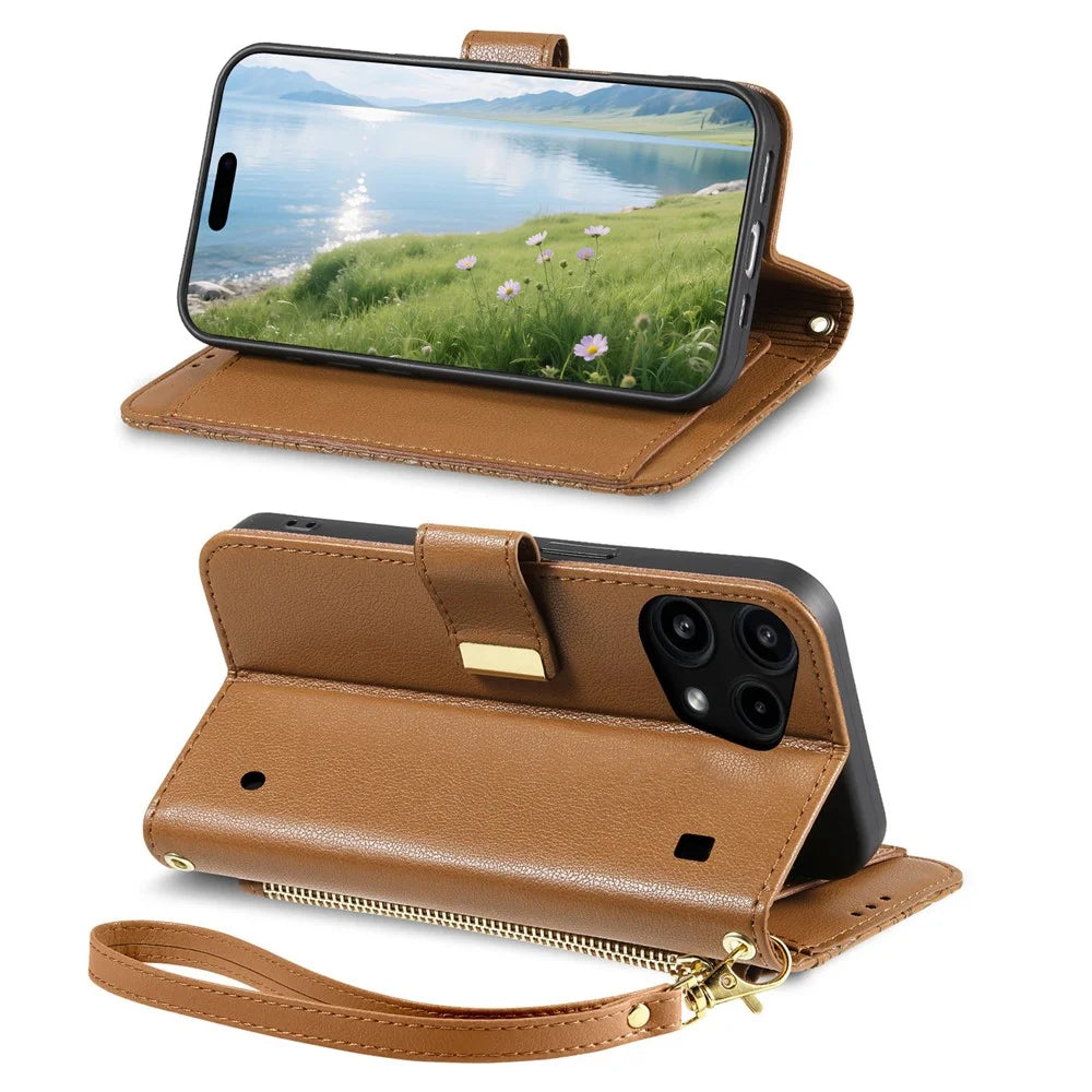 For Nothing Phone (3a) Lite 5G Case Floral Leaf Pattern Multi Card Slots Zipper Leather Phone Cover with Wrist Strap - Brown - 3