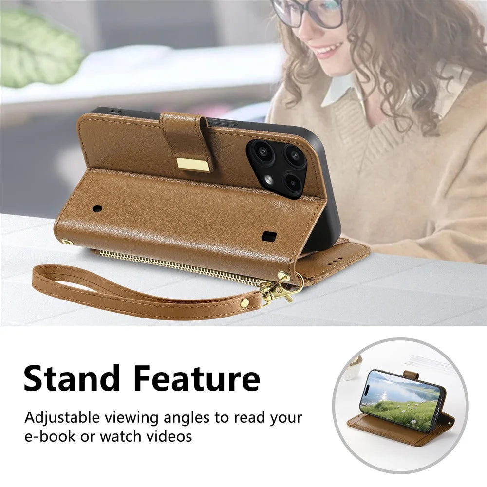 For Nothing Phone (3a) Lite 5G Case Floral Leaf Pattern Multi Card Slots Zipper Leather Phone Cover with Wrist Strap - Brown - 4