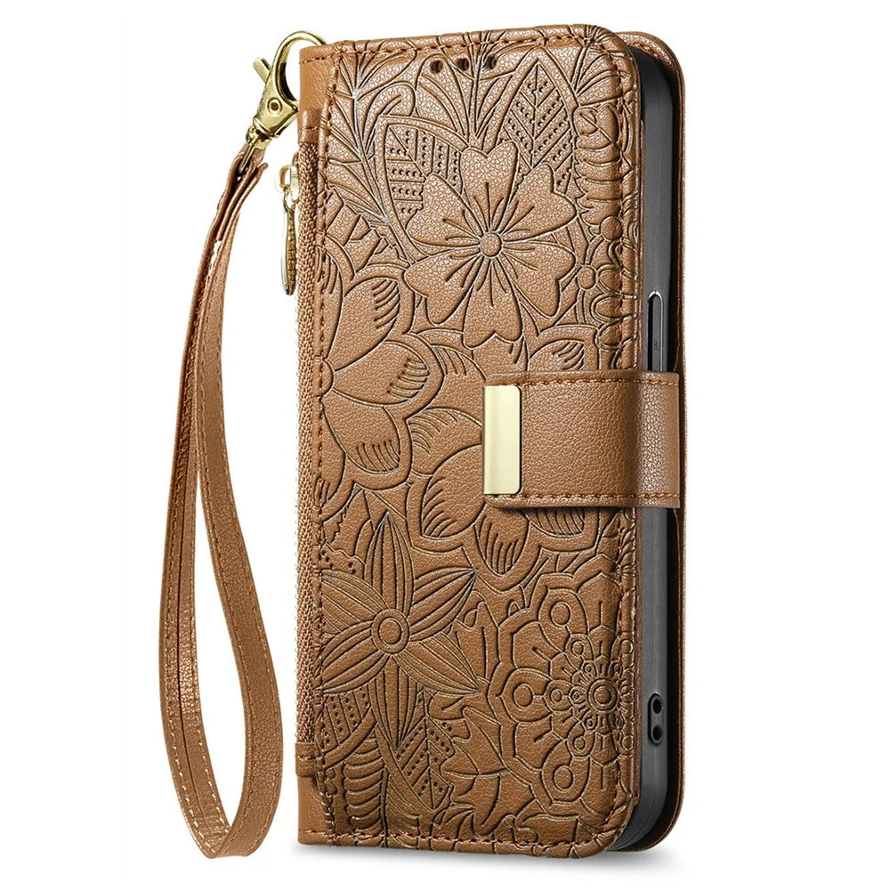For Nothing Phone (3a) Lite 5G Case Floral Leaf Pattern Multi Card Slots Zipper Leather Phone Cover with Wrist Strap - Brown - 5