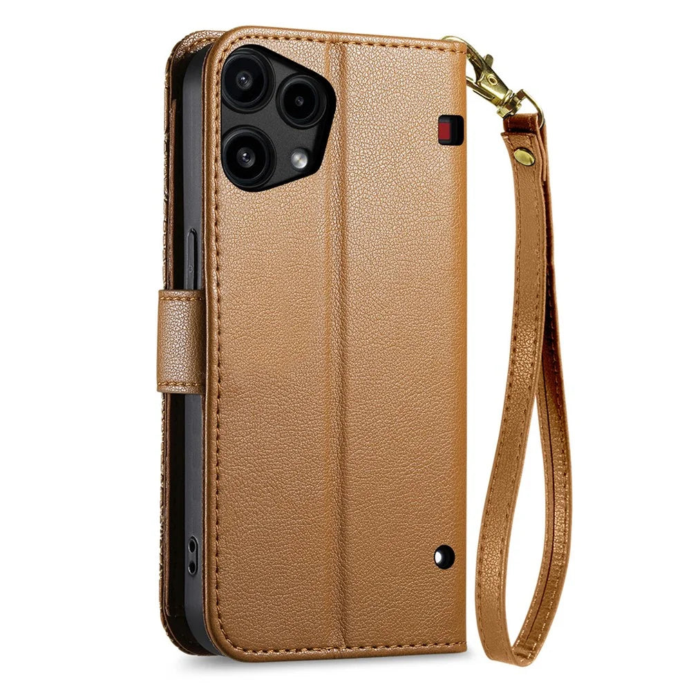 For Nothing Phone (3a) Lite 5G Case Floral Leaf Pattern Multi Card Slots Zipper Leather Phone Cover with Wrist Strap - Brown - 6