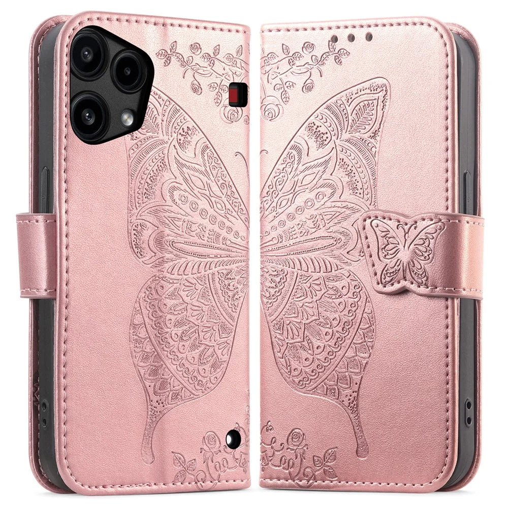 For Nothing Phone (3a) Lite 5G Case with Strap Butterfly Pattern PU Leather Wallet Phone Cover - Rose Gold - 1