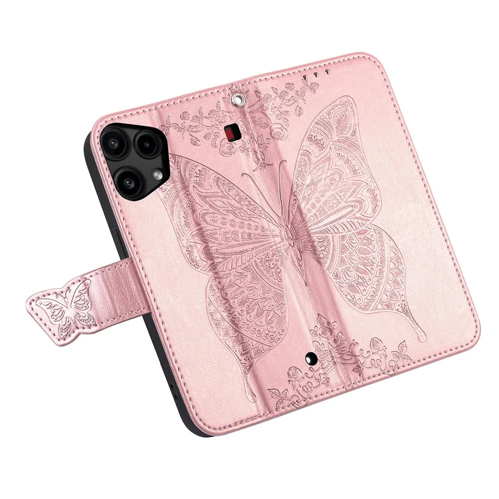 For Nothing Phone (3a) Lite 5G Case with Strap Butterfly Pattern PU Leather Wallet Phone Cover - Rose Gold - 5