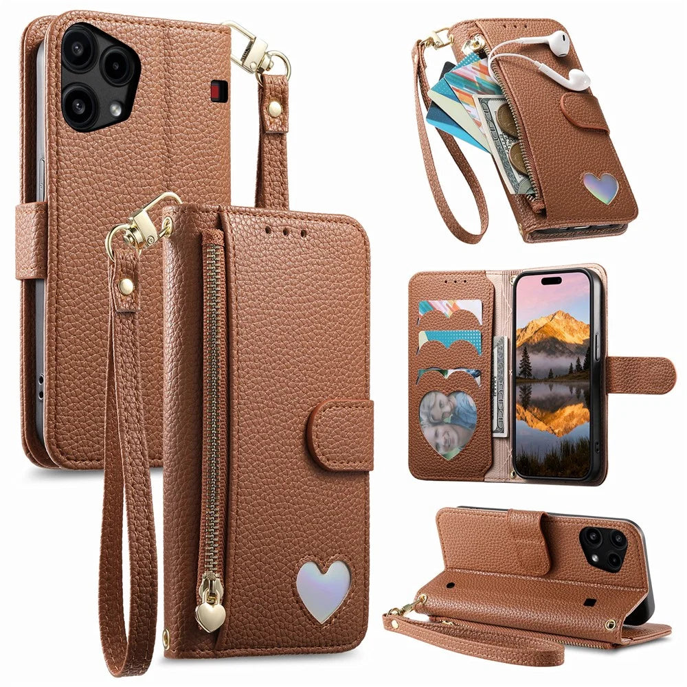 For Nothing Phone (3a) Lite 5G Case Zipper Pocket TPU PU Leather Wallet Phone Cover with Strap - Brown - 1