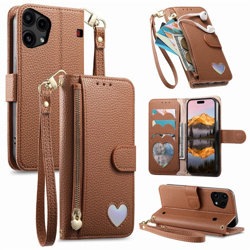 For Nothing Phone (3a) Lite 5G Case Zipper Pocket TPU PU Leather Wallet Phone Cover with Strap - Brown - 1