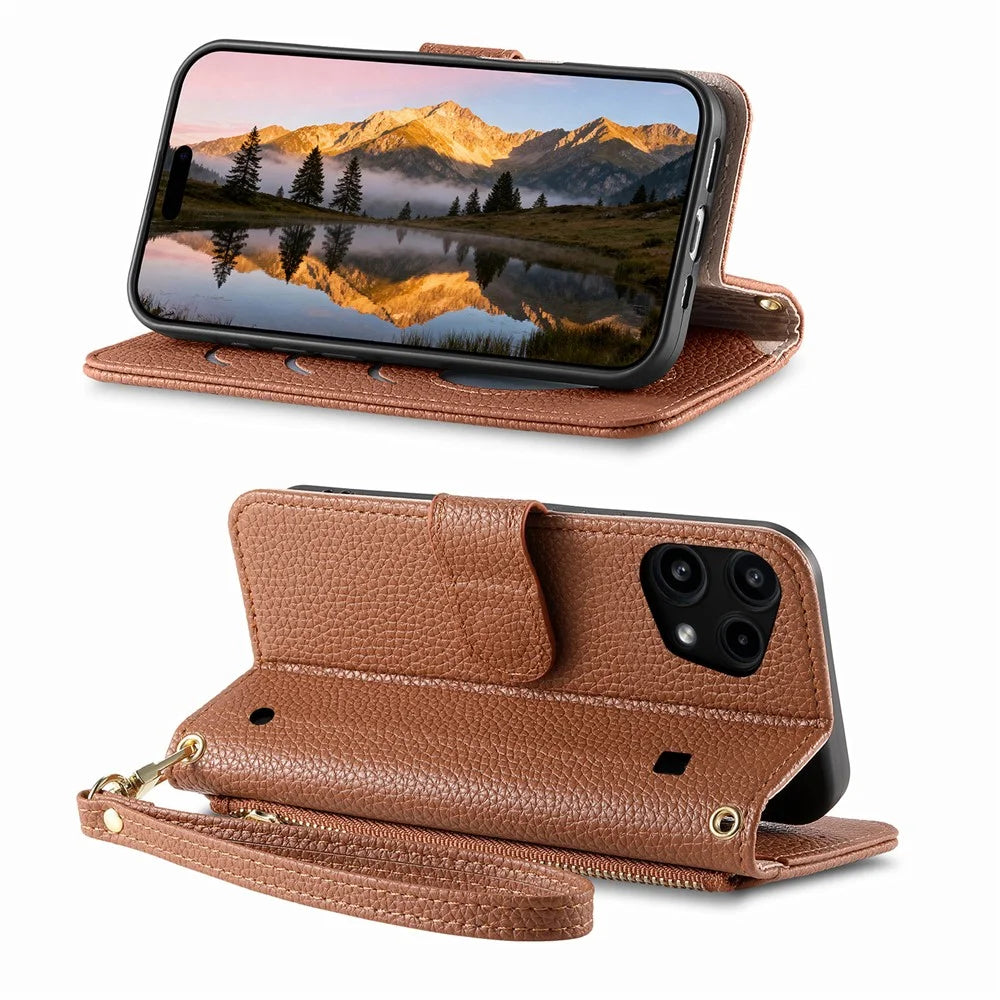For Nothing Phone (3a) Lite 5G Case Zipper Pocket TPU PU Leather Wallet Phone Cover with Strap - Brown - 3