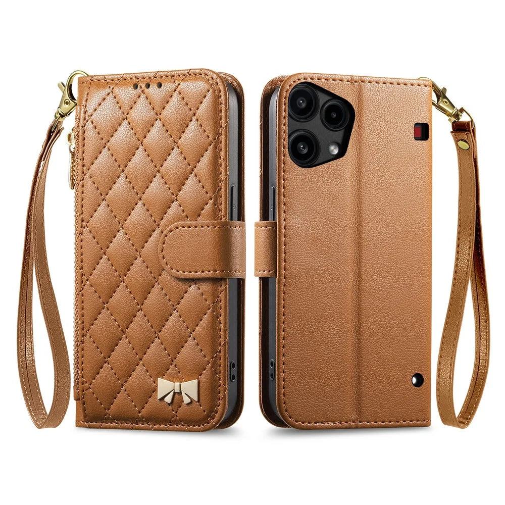 For Nothing Phone (3a) Lite 5G Stand Case Imprint TPU PU Leather Zipper Pocket Wallet Phone Cover with Strap - Brown - 1