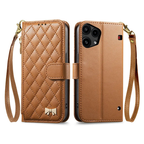 For Nothing Phone (3a) Lite 5G Stand Case Imprint TPU PU Leather Zipper Pocket Wallet Phone Cover with Strap - Brown - 1