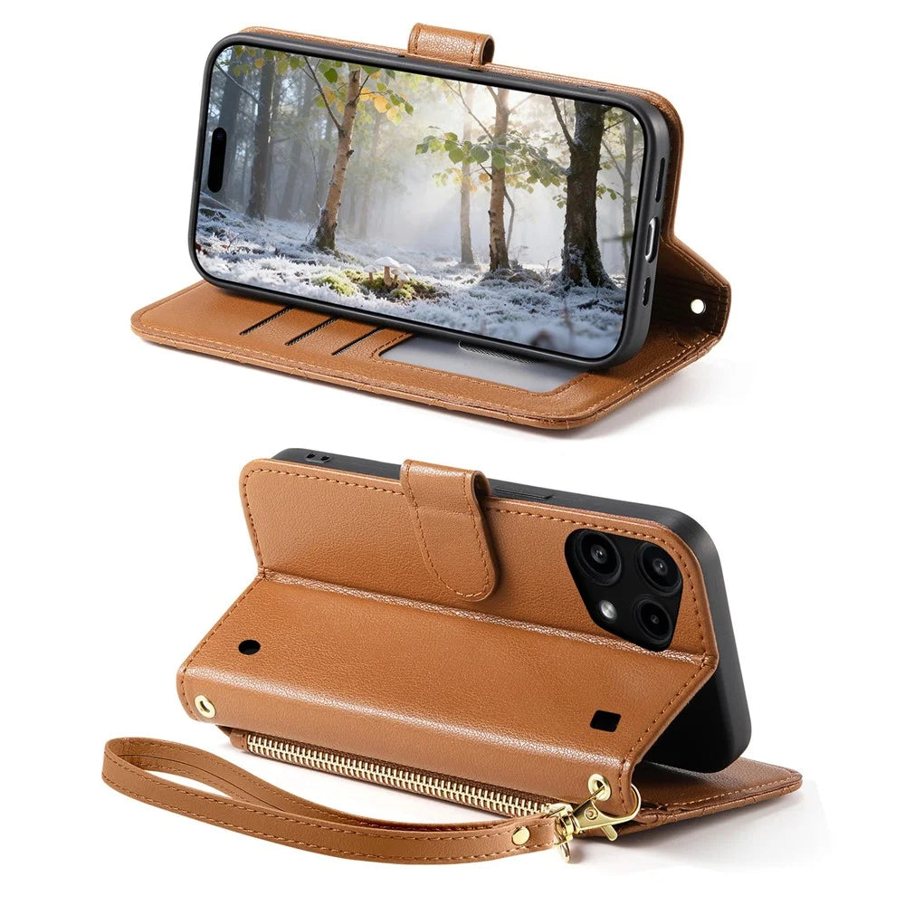 For Nothing Phone (3a) Lite 5G Stand Case Imprint TPU PU Leather Zipper Pocket Wallet Phone Cover with Strap - Brown - 3