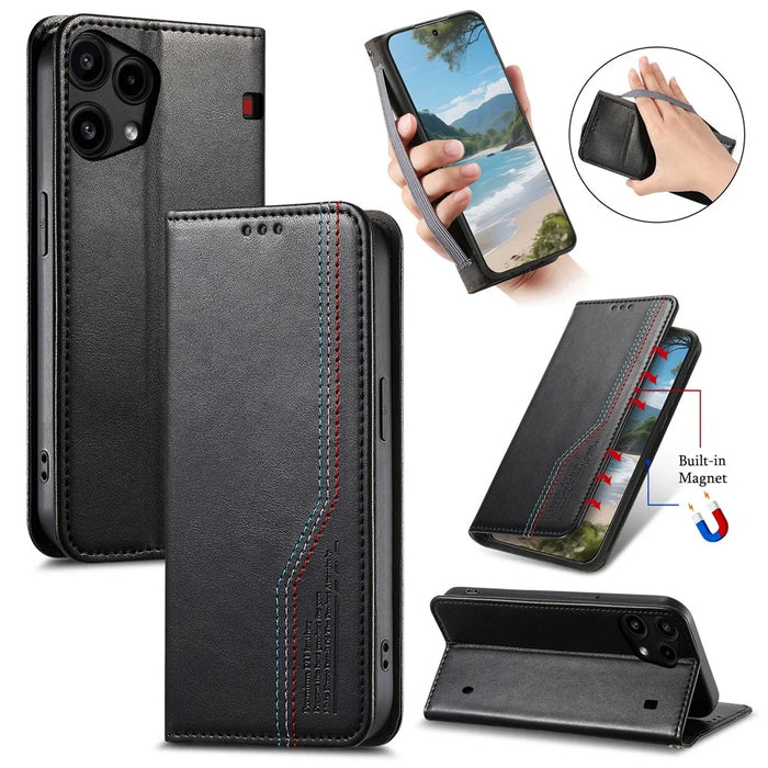 For Nothing Phone (3a) Lite 5G Case Wallet Tri-Color Stitching Leather Phone Cover with Elastic Wristband - Black - 1