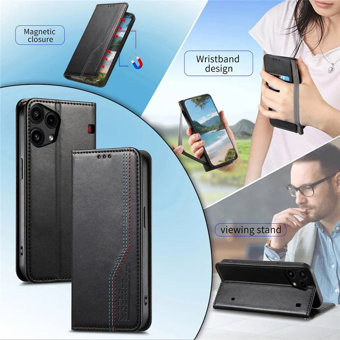 For Nothing Phone (3a) Lite 5G Case Wallet Tri-Color Stitching Leather Phone Cover with Elastic Wristband - Black - 5