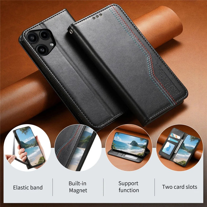 For Nothing Phone (3a) Lite 5G Case Wallet Tri-Color Stitching Leather Phone Cover with Elastic Wristband - Black - 6