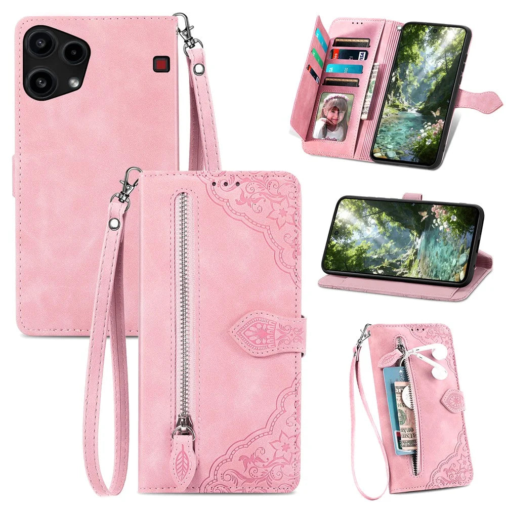 For Nothing Phone (3a) Lite 5G Zipper Wallet Case with Strap Flower Imprint PU Leather Phone Cover - Pink - 1