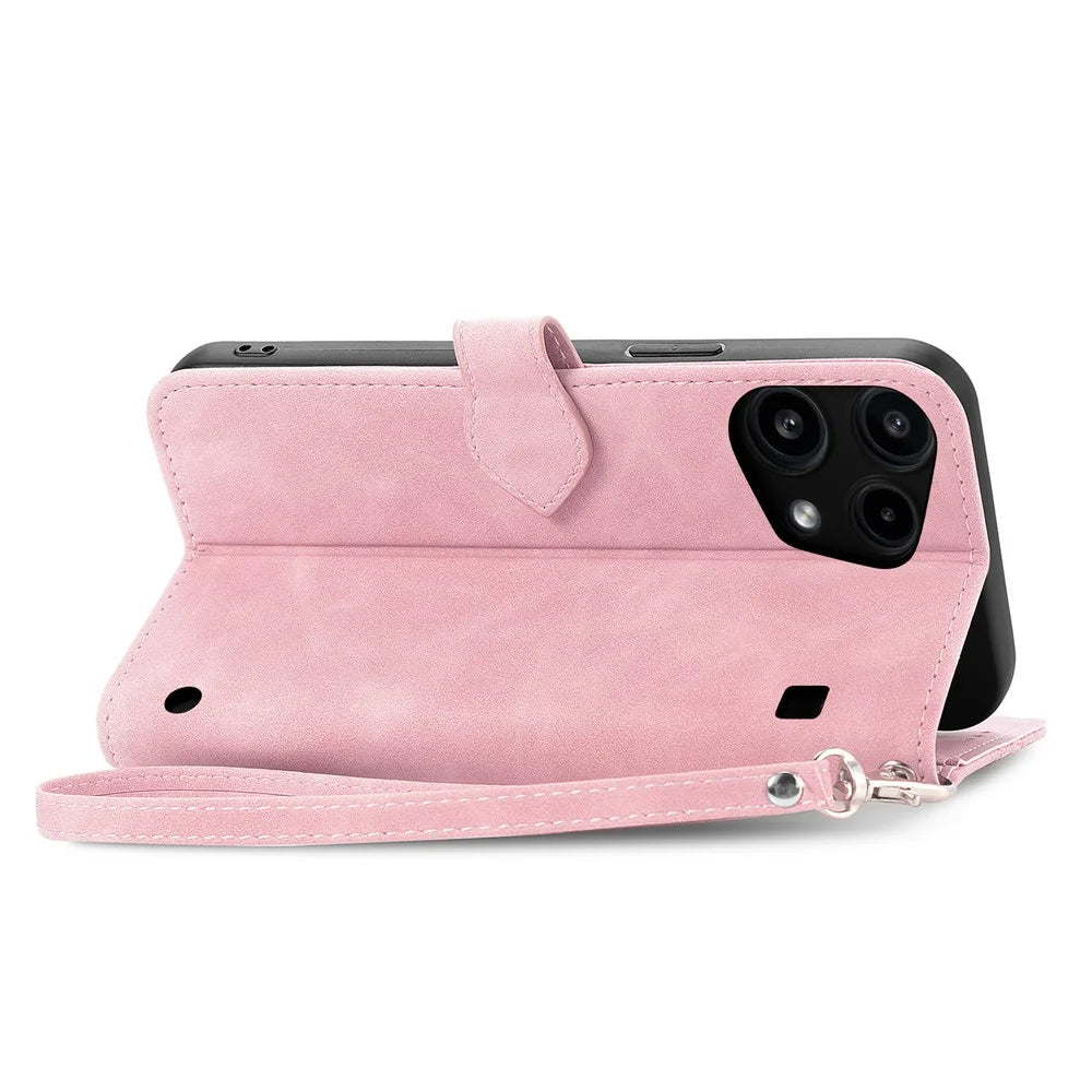 For Nothing Phone (3a) Lite 5G Zipper Wallet Case with Strap Flower Imprint PU Leather Phone Cover - Pink - 4